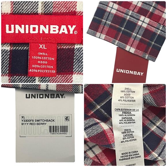 New UNIONBAY Men’s XL Flannel Shirt Hoodie Red Plaid Button Down Long Sleeve - Picture 6 of 12
